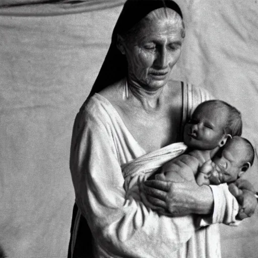 Prompt: film still of 80 year old sentimental Mediterranean skinned woman in ancient Canaanite clothing holding a newborn baby, crying, awe, love, ancient interior tent background, Biblical epic movie