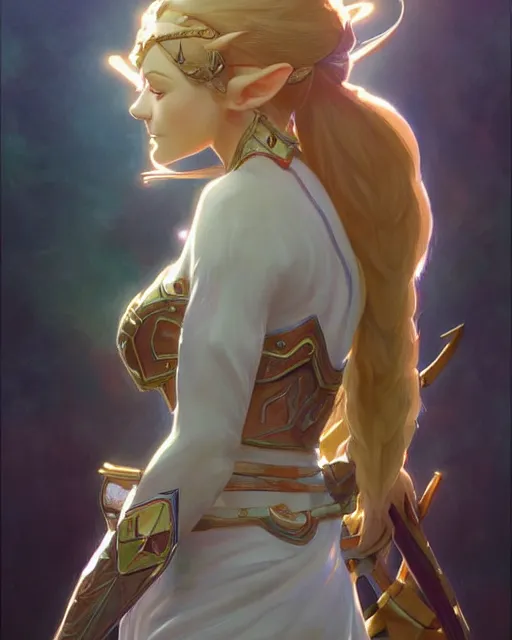 Prompt: zelda, full body photo, highly detailed, digital painting, artstation, concept art, smooth, sharp focus, illustration, art by artgerm and greg rutkowski and alphonse mucha