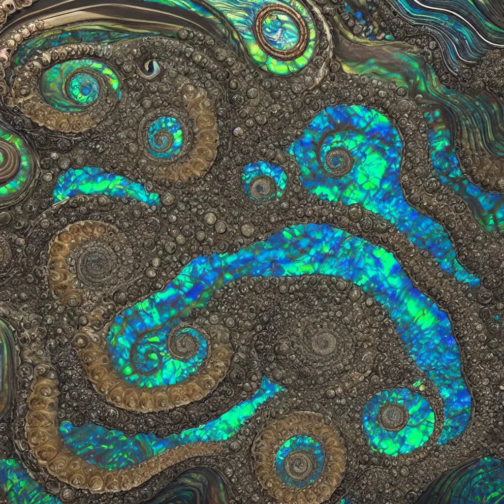 Image similar to art nouveau cresting oil slick waves, bronzed ammonite fossil, hyperdetailed bubbles in a shiny iridescent oil slick wave, ammolite, black opals, rococo, organic rippling spirals, octane render, 8 k 3 d, spirals, glistening seafoam, abalone, ammonite, druzy geode