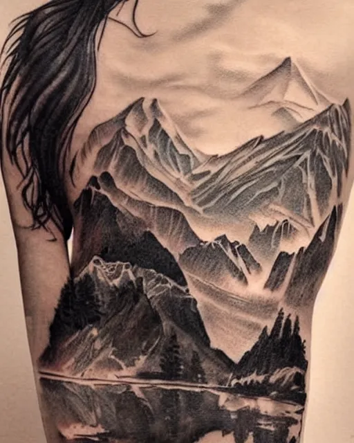 Image similar to tattoo design sketch of megan fox with amazing mountain scenery, with double exposure effect, realism tattoo, in the style of den yakovlev, amazing detail, sharp