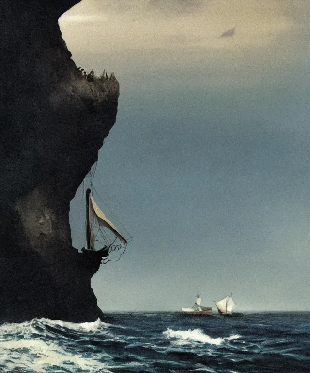 Prompt: photorealistic painting of a 1 9 2 5 seiner sailing near a short tropical cliff with the mouth of a sea cave at the waterline, dark, brooding, atmospheric, lovecraft, horror, smooth, epic, highly detailed, cinematic, by angus mcbride