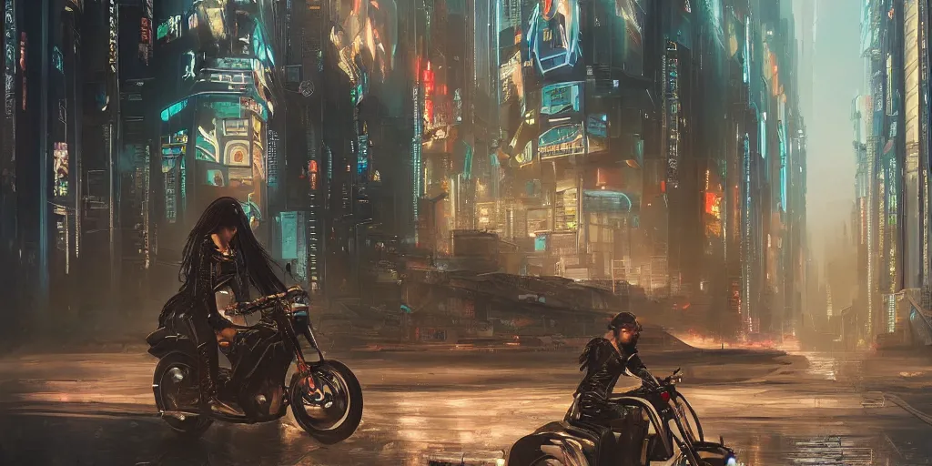 Image similar to portrait of a young beautiful cyberpunk woman on a motorbike driving away down the a street of a cyberpunk city neuromancer, megacity, gorgeous view, depth, high detail, digital art, painted by greg rutkowski & seb mckinnon, trending on artstation