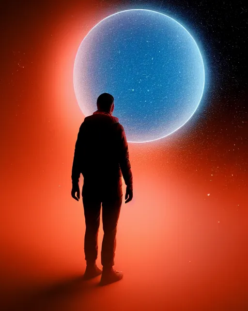 Image similar to a person standing in front of a glowy open door that's on a barren moon, poster art by mike winkelmann, trending on cg society, space art, sci - fi, ue 5, futuristic, volumetric lighting, light casting onto the ground, neat composition and camera angle