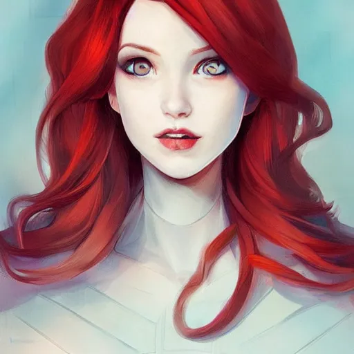 Image similar to a portrait of a young woman with red hair, smart, rich, fancy clothes, artist, artistic, shallan davar, blue eyes, beautiful, smiling, thick hair, dnd, artgerm style