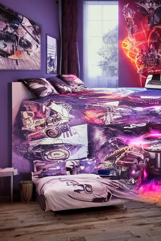 Prompt: photo of bedlinen in a modern bedroom, band merchandise, bandname is tripmachine, tourname is invasion of the tripmachines, realistic digital art, textured with a 3 d render of a huge futuristic steampunk generator, 8 k, fluorescent colors, halluzinogenic, multicolored, exaggerated detailed, unreal engine