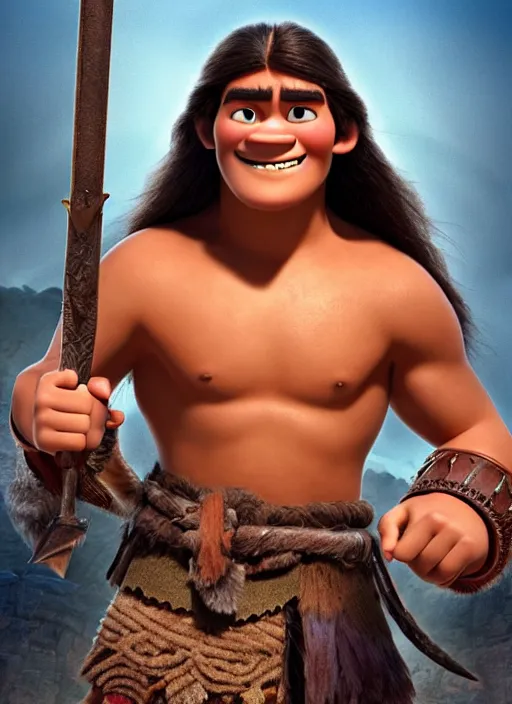 Prompt: portrait of teenage conan the barbarian, smiling. arrogant. great sword with gold pommel. animated feature. 3 d pixar and disney!! in the style of disney pixar, moana, brave, the good dinosaur.