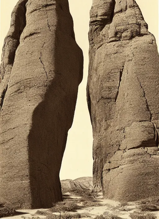 Image similar to Line wrawing by John Wesley Powell of towering rock formations carved by the wind, surrounded by sparse vegetation, sepia toned, Smithsonian American Art Museum.