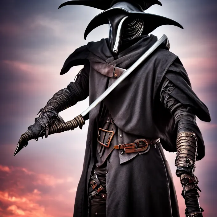 Prompt: portrait photograph of a futuristic plague doctor warrior. Extremely detailed. 8k