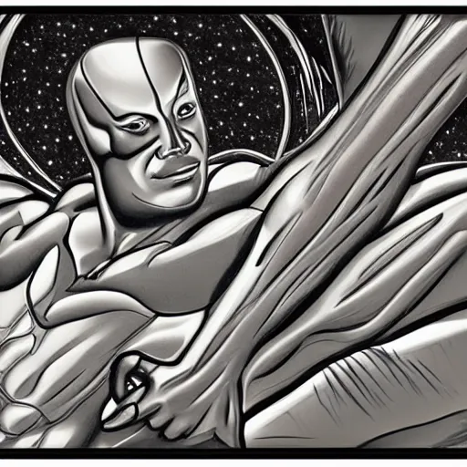 Prompt: dreams of silver surfer, in style of robert mapplethorpe