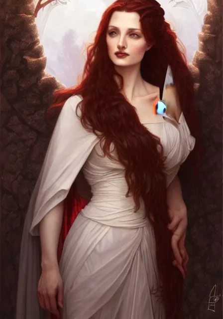 Image similar to sansa angeline jolie gessica chastain vampire, intricate, elegant, highly detailed, digital painting, artstation, concept art, smooth, sharp focus, illustration, art by artgerm and greg rutkowski and alphonse mucha and william - adolphe bouguereau