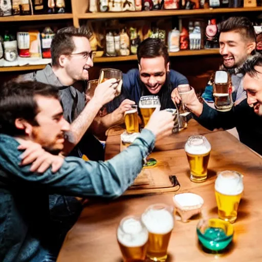 Image similar to a group of 2 7 year old men sharing a beer at a table in the style of pokemon the anime