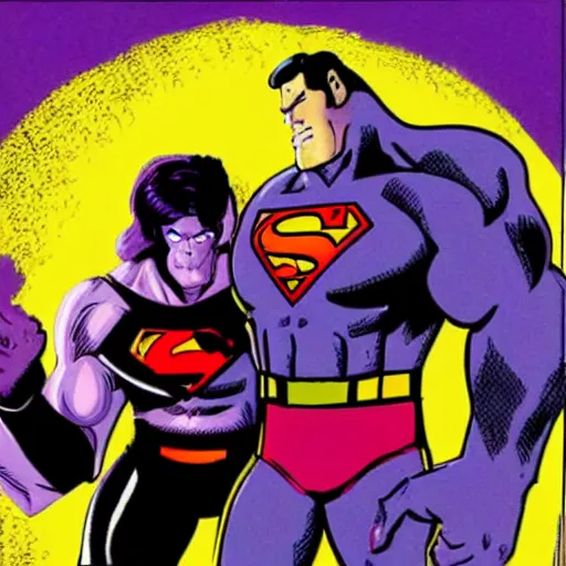 Prompt: thanos fighting superman, hq style, cartoon, 1 9 9 8