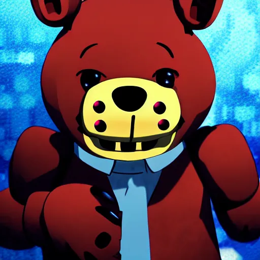 Image similar to freddy fazbear from fnaf in tokyo ghoul anime, 4 k, hyper realistic, anime style, illustration