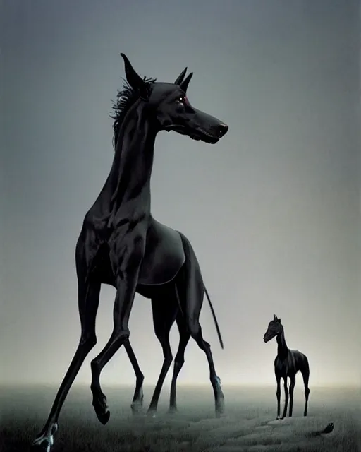 Image similar to painting of hybrid between black weimaraner & black stallion horse! & intercrossed animal, by zdzislaw beksinski, by mattias adolfsson, concept art, single object scene, beautiful composition, 8 k, digital painting