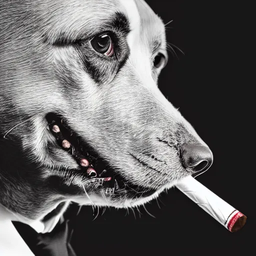 Image similar to a high detail closeup photograph of a dog wearing a suit 👔,and smoking a cigarrette🚬, award wining photograph