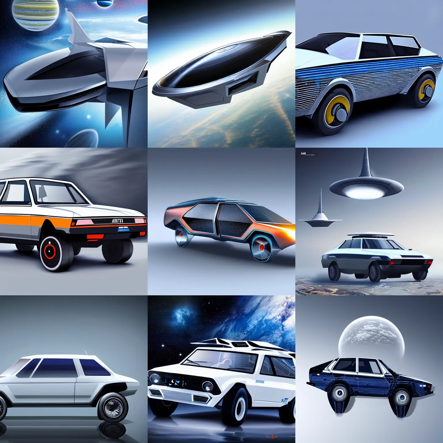 Prompt: lada 2 1 0 9 looks like a spaceship in space in orbit of the planet earth, hyper detailed, hight detailed, futuristic, ultra realistic, no blur, 8 k