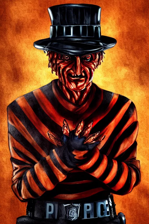 Image similar to freddy krueger in police form, high details, best composition, dramatic pose, 4 k