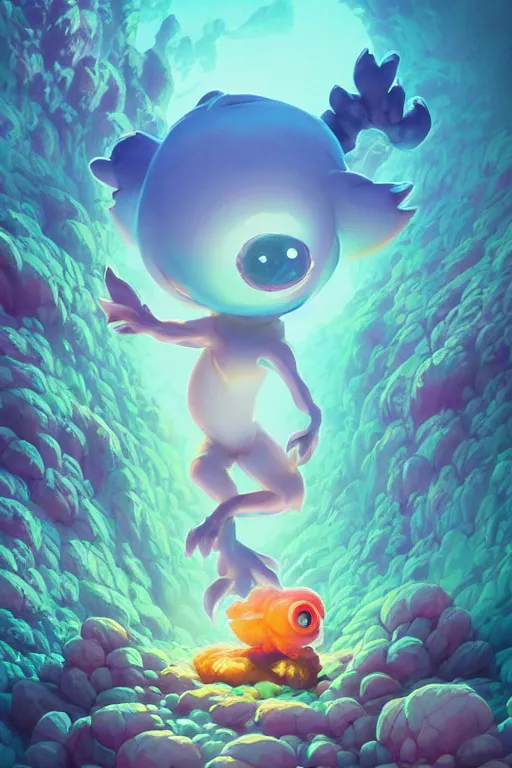 Image similar to smurf ghost creature animal sushi cristal very big eye roots cactus elemental flush of force nature micro world fluo fishscale, behance hd by jesper ejsing, by rhads, makoto shinkai and lois van baarle, ilya kuvshinov, rossdraws radiating a glowing aura global illumination ray tracing hdr