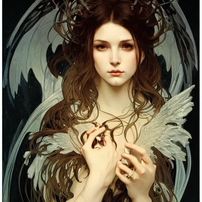 Image similar to A portrait of A beautiful! angel in black flames!! by Ross Tran!!! and alphonse mucha and greg rutkowski! and gustav doré!,In style of digital art illustration.Symmetry.Highly detailed face.Fantasy,smooth,hyper detailed,sharp focus,Soft light.trending on artstation.4k