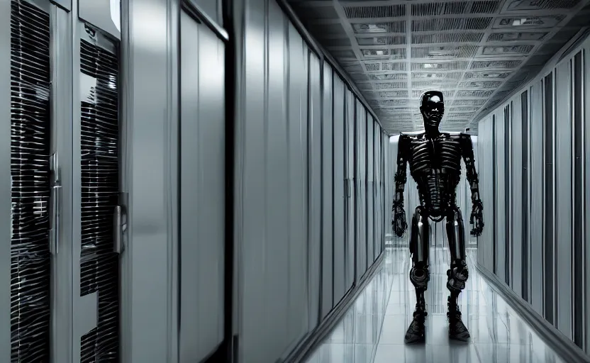 Image similar to terminator without flesh, staying in front of data center room. extreme long shot, high detail, cinematic colors