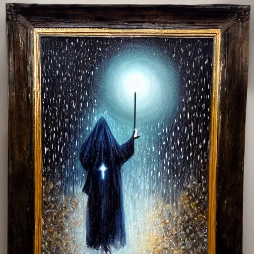 Prompt: dreamy vision of witch walking through heavy rain, epic, cosmic, intricate details, oil on canvas