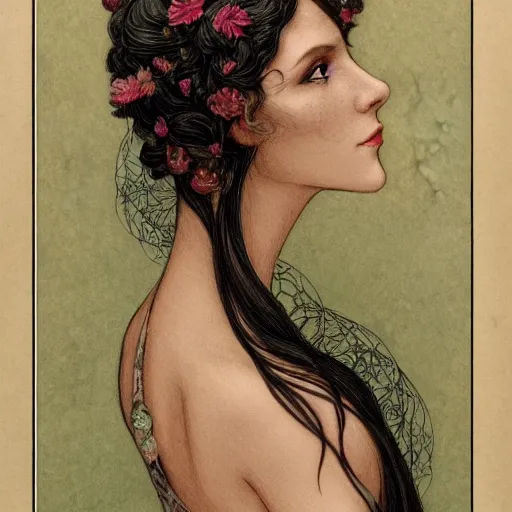 Image similar to facial portrait of a young pretty woman in flowing dress, arrogant, mysterious, long fine flowing hair, delicate, looking at camera, slightly awkward smile, realistic face, hands behind back, stylish, elegant, grimdark fantasy, flowers, art nouveau, extremely detailed painting inspired by Gerald Brom and Ernst Haeckel and Kaluta