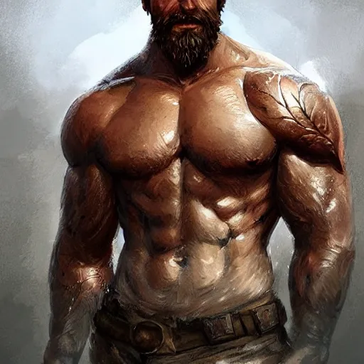 Image similar to portrait of a rugged ranger, muscular, upper body, hairy torso, detailed detailed detailed hands hands hands hands, D&D, fantasy, bare bare bare bare thighs thighs thighs intricate, elegant, highly detailed, digital painting, artstation, concept art, smooth, sharp focus, illustration, art by wlop