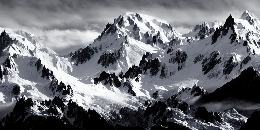 Prompt: award winning landscape photography of mont blanc by ansel adams and jack brauer, far away, a line of people are crossing the snowy mountains ， nikon, wide angle, high contrast, black and white, layers, dramatic, beautiful light, fine detail