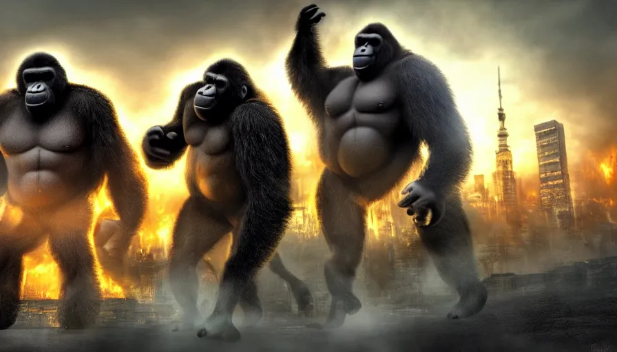 Image similar to concept art of hard combat of two huge gorilla in burning tokyo city, cinematic composition, golden lighting, action scene, strong perspective