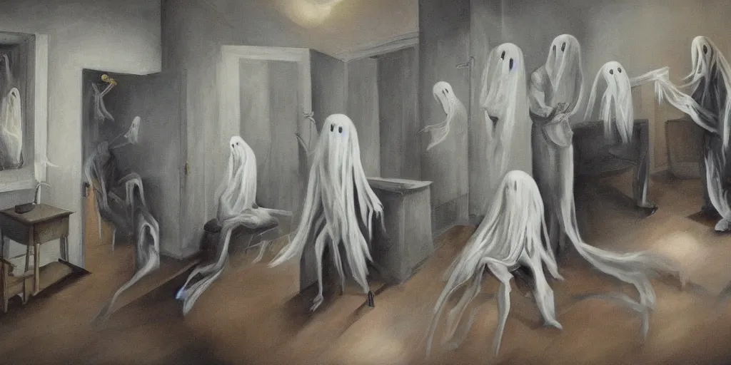 Prompt: surreal painting of ghosts in a room