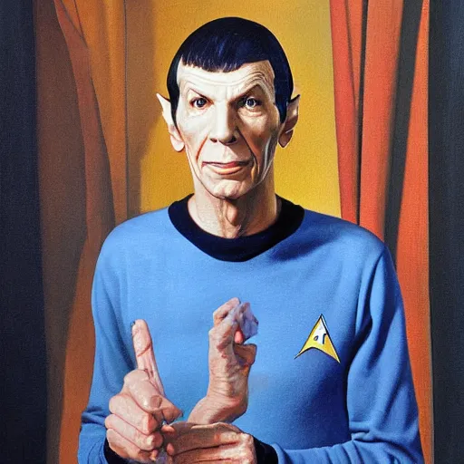 Image similar to a portrait painting Lenord Nimoy as Spock from Star Trek painted by Norman Rockwell