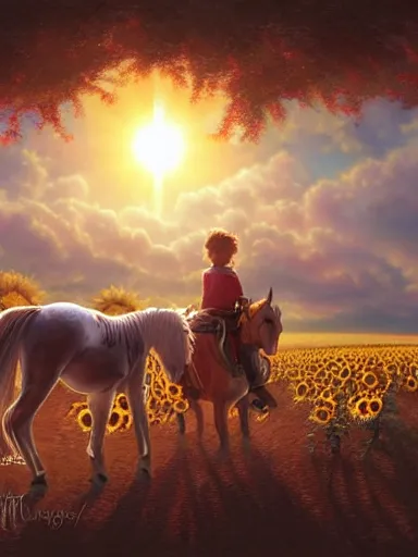 Image similar to a small happy todler, riding a horse in a sunflower field, a giant sun in the background. intricate, elegant, highly detailed, digital painting, artstation, concept art, sharp focus, illustration, by justin gerard and artgerm, 8 k