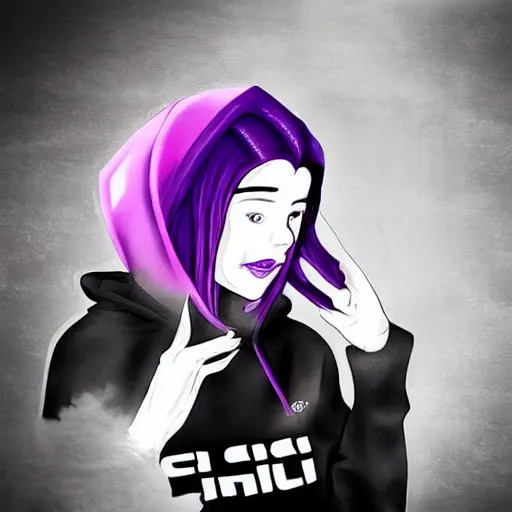 Prompt: “Sci fi, A female, full body, black hair with purple streaks, black hoodie with tech on it”