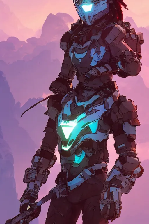 Image similar to combination suit armor aloy horizon forbidden west horizon zero dawn robot ninja mask helmet backpack tribal, art gta 5 comics, official fanart behance hd artstation by jesper ejsing, by rhads, makoto shinkai and lois van baarle, ilya kuvshinov, ossdraws radiating a glowing aura cgi rtx 2 0 2 2