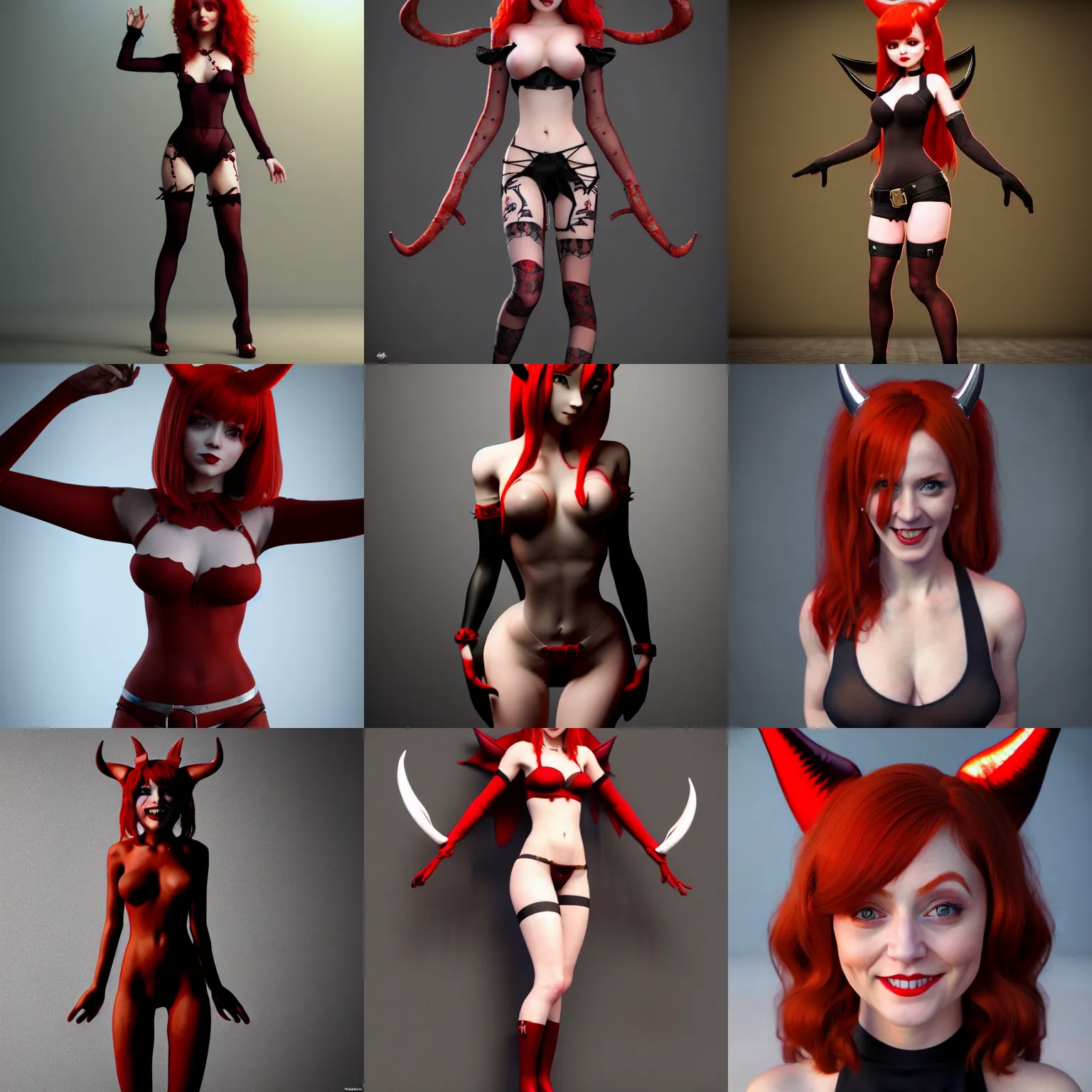 Prompt: a full body shot of a redheaded smiling petite devil girl with horns in a sheer fabric, trending on artstation, very coherent symmetrical artwork, perfect face, symmetrical face, 35 mm, cinematic, hyper realism, high detail, octane render, 8k, chrome accents, unreal engine 5