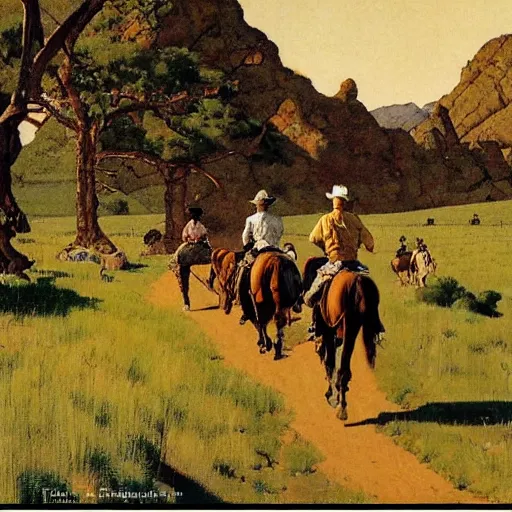 Image similar to a western plains landscape with 4 riders in the distance painted by Norman Rockwell