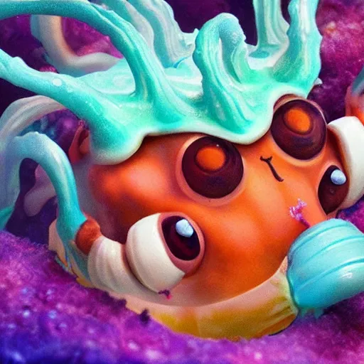 Image similar to close-up of a sea slug looking like fantasy characters with cute faces live in its habitat, trending on artstation