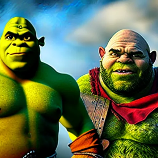 Prompt: kratos standing next to shrek, highly detailed, high quality, hd, 4 k, 8 k, canon 3 0 0 mm, professional photographer, 4 0 mp, lifelike, top - rated, award winning, realistic, sharp, no blur, edited, corrected, trending