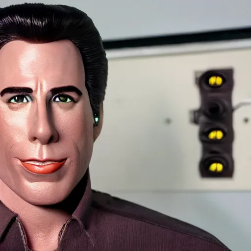 Image similar to animatronic John Travolta, exposed wires, photo, Stan Winston studios, detailed, 4k