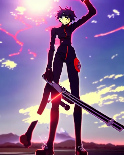 Image similar to anime illustration of black evangelion eva - 0 1 standing on an empty highway holding a steampunk guitar at dawn, cinematic lighting, evangelion anime poster, rebuild of evangelion 1 0 8 0 p, 9 0 s anime aesthetic, volumetric lights, rule of thirds, unreal engine render, pinterest wallpaper, trending on artstation