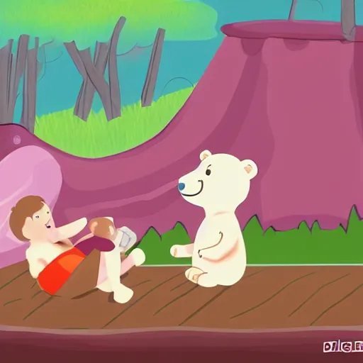 Image similar to bear playing with a baby human doll. cartoon. digital art. high quality. high fidelity