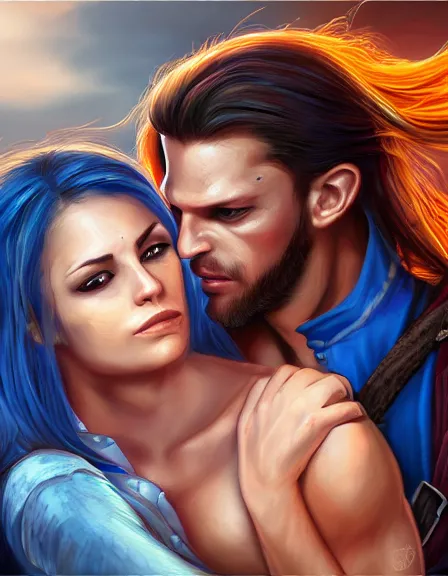 Prompt: couple in love. fully clothed armed female pirate captain, rachel wall, with a male pirate partner, sun, summer, blue eyes, beauty, wisdom, love, strength, knowledge, smart, portrait, symmetrical, highly detailed, digital painting, artstation, smooth, sharp focus, illustration, strength, latino art. 8 k