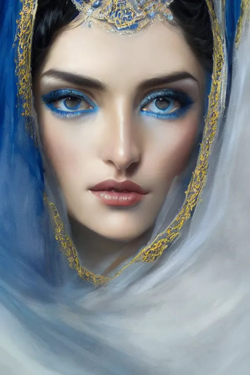 Image similar to ameera al taweel, bright blue eyes, long wavy black hair, white veil, front closeup, cinnamon #b57e59 skin color, elegant, highly detailed, centered, oil painting, artstation, concept art by tom bagshaw