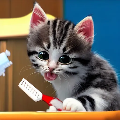 Image similar to a kitten character brushing teeth with a toothbrush and toothpaste, still from the movie pets, pixar render, dreamworks, movie poster disney