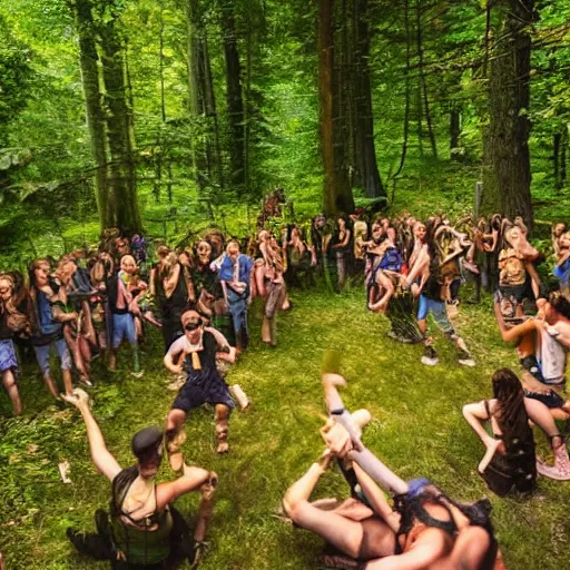 Image similar to wild rave at a beatiful woodland cabin