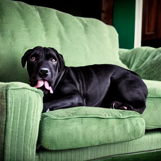 Image similar to American Staffordshire terrier sitting on a sofa wearing a green sweater, 8k, hdr