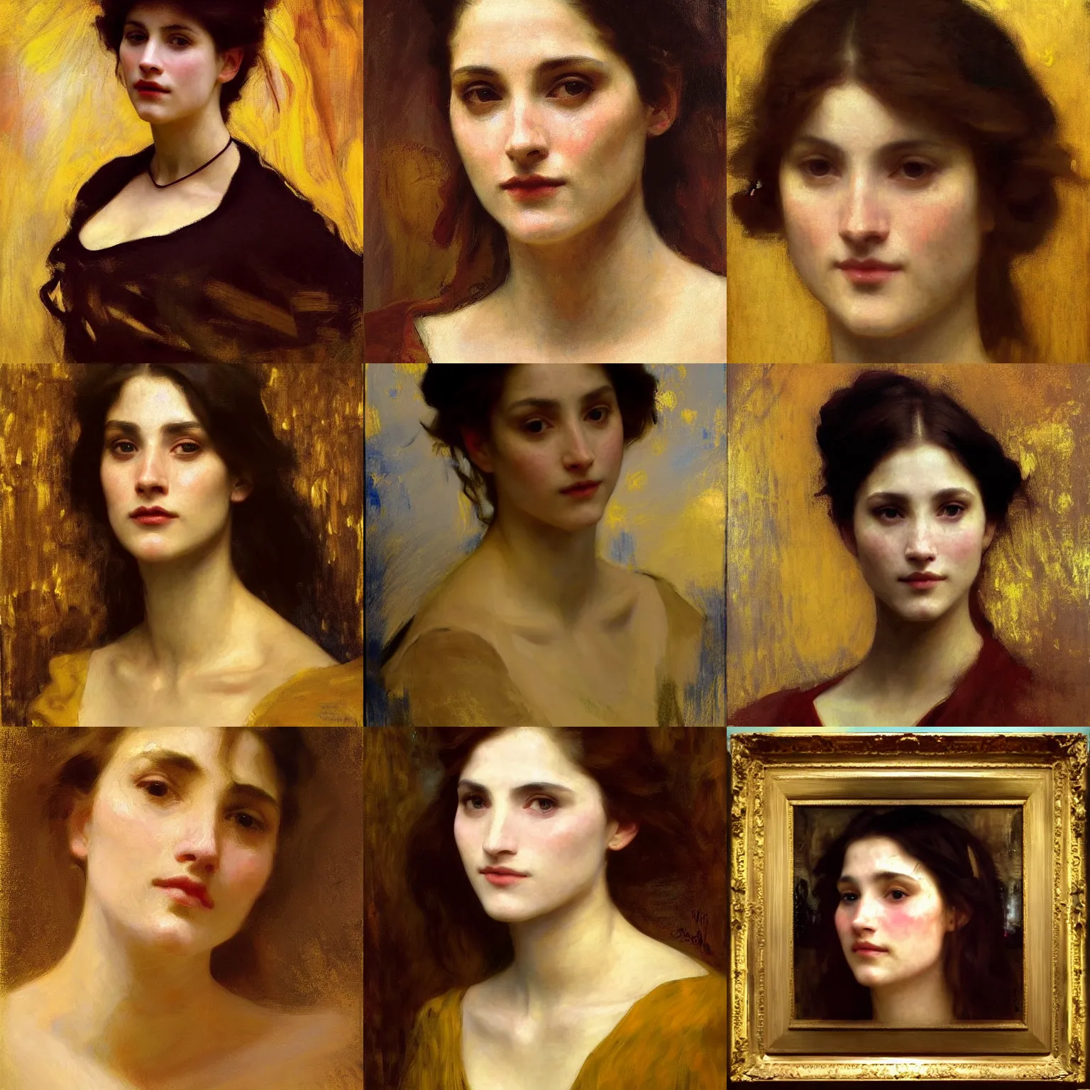 Prompt: finished portrait of a beautiful womans face, by john singer sargent!!!!, william adolphe bouguereau, waterhouse, craig mullins, ruan jia, gustave klimt, mona lisa, background, bold color, yellow, gold leaf