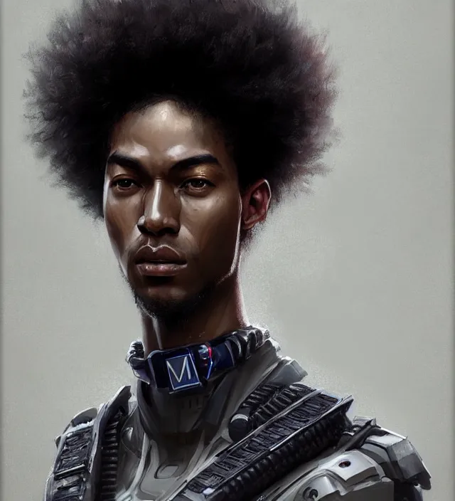 Image similar to portrait of a man by greg rutkowski, he is about 2 5 years old, mixture between afroamerican and japanese, afro hair, geisha tatoos, very tall and slender, he is wearing a futuristic police gear, highly detailed portrait, digital painting, artstation, concept art, smooth, sharp foccus illustration, artstation hq