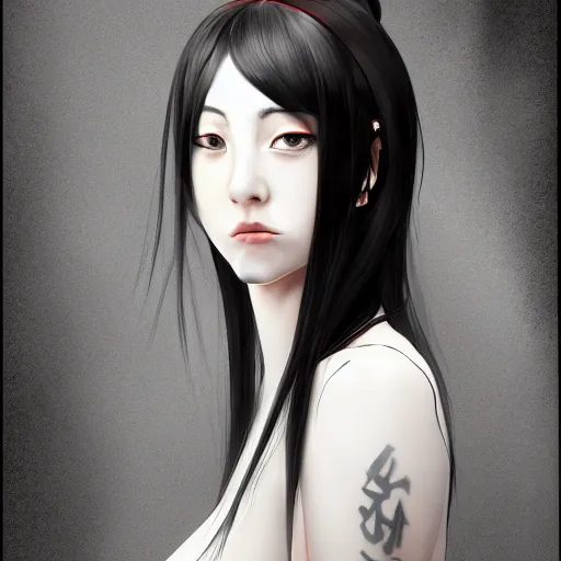 Image similar to heroine, beautiful, sui ishida with black hair, hyperrealistic, highly detailed, 8 k, a real photographic, digital art, character, realistic, full body portrait, female samurai, symatrical, dark atmospheric lighting, artstation, symetric, lineart