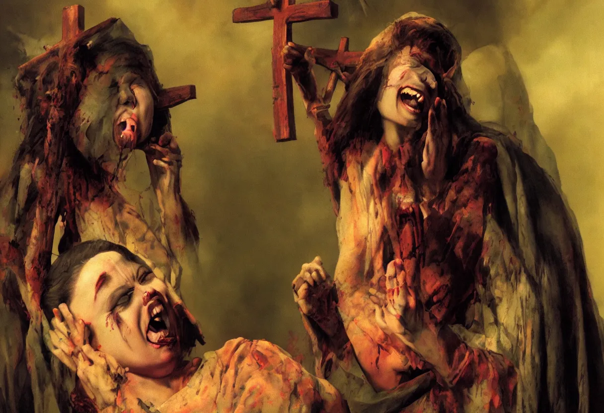 Prompt: portrait of menstruating holy mary bleeding from her eyes and laughing under the cross, colorfully ominous background, hyper realism, matte painting, realistic, dramatic lighting, octane render, highly detailed, cinematic lighting, cinematic, volumetric, by rutkowsky and gerald brom and frazetta and rembrandt